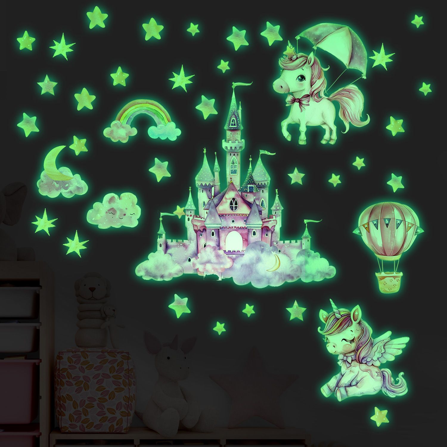 1PCS Cartoon unicorn castle glow-in-the-dark stickers decorative children's room ceiling fluorescent wall stickers self-adhesive