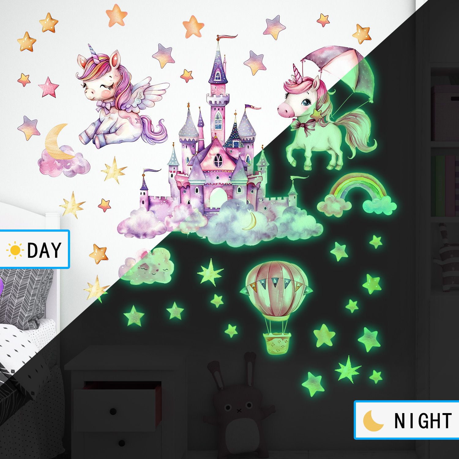1PCS Cartoon unicorn castle glow-in-the-dark stickers decorative children's room ceiling fluorescent wall stickers self-adhesive