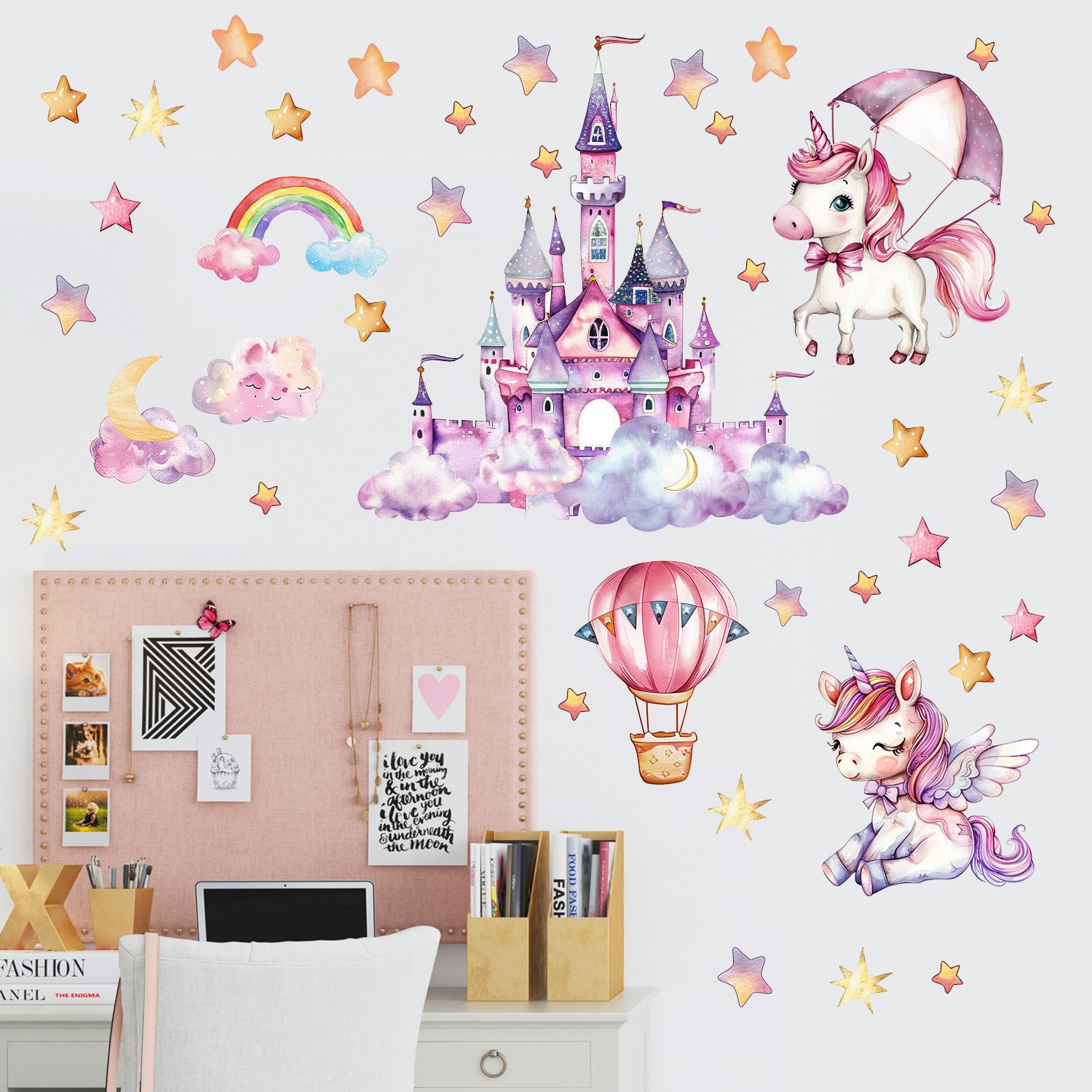 1PCS Cartoon unicorn castle glow-in-the-dark stickers decorative children's room ceiling fluorescent wall stickers self-adhesive