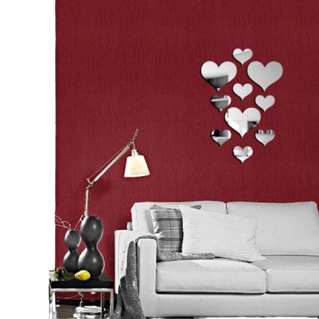10PCS Home acrylic mirror love decorative background wall stickers reflective 3D stereoscopic heart-shaped home decoration stickers