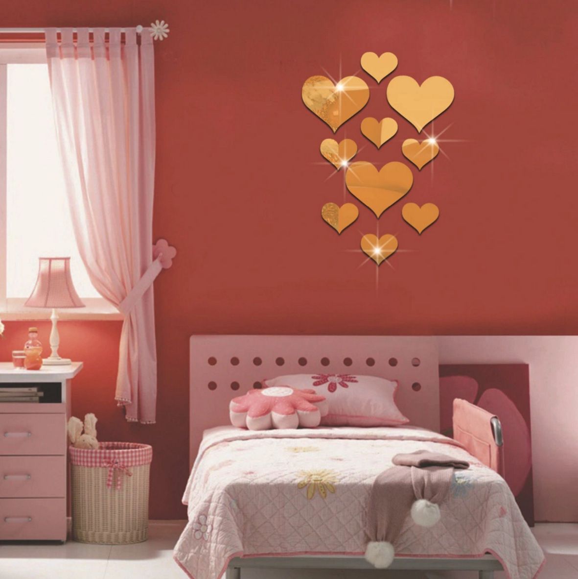 10PCS Home acrylic mirror love decorative background wall stickers reflective 3D stereoscopic heart-shaped home decoration stickers