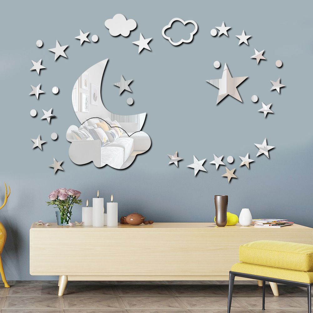 1 Set Moon clouds acrylic crystal mirror wall stickers bedroom home DIY wall decoration wall stickers self-adhesive
