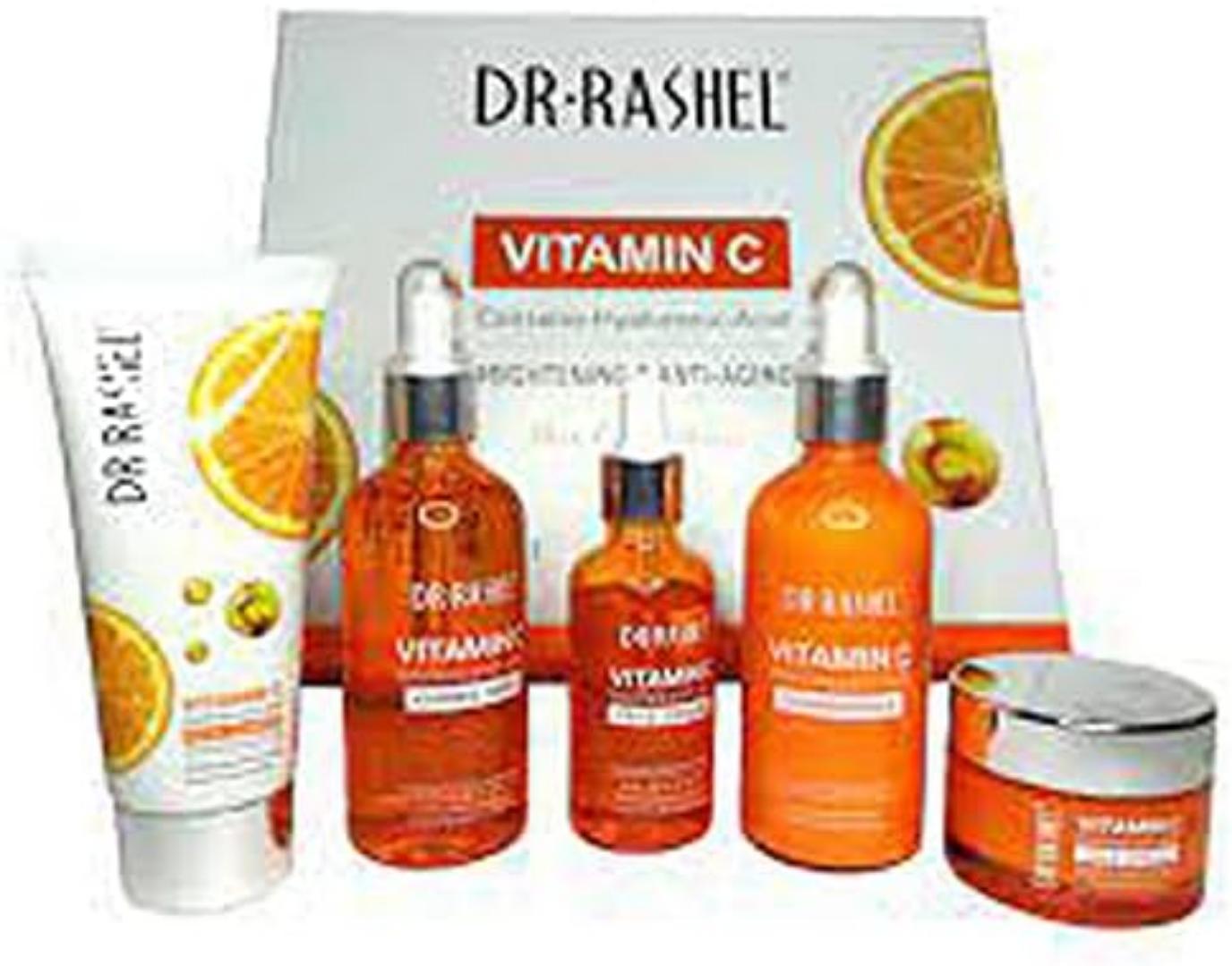 Dr. Rashel Vitamin C Brightening and Anti-Aging Skin Care Series, a set of five skincare products rejuvenate, smooth, and brighten the skin