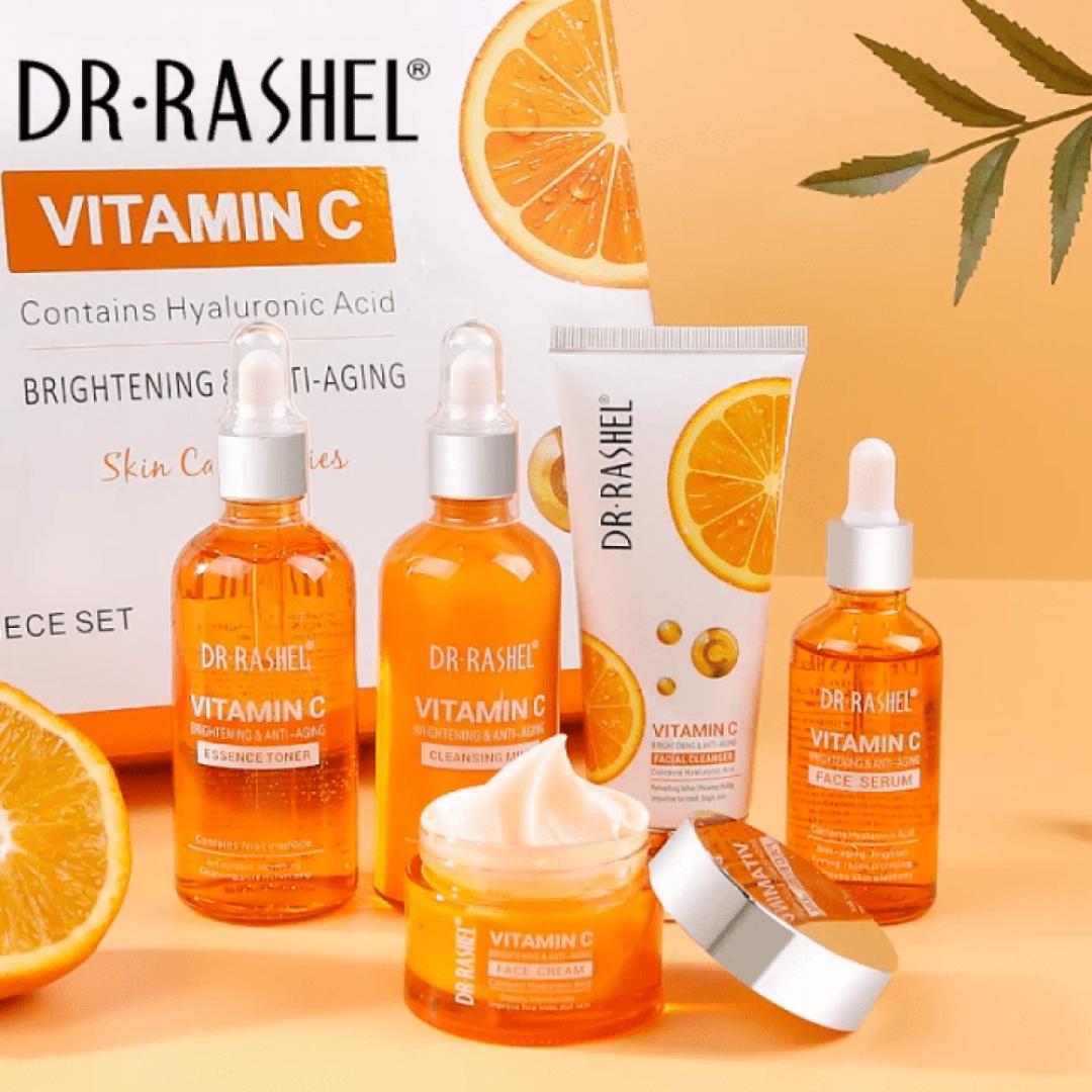 Dr. Rashel Vitamin C Brightening and Anti-Aging Skin Care Series, a set of five skincare products rejuvenate, smooth, and brighten the skin