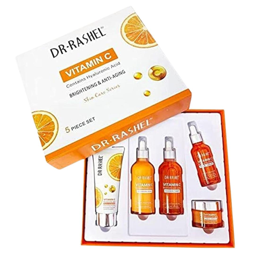 Dr. Rashel Vitamin C Brightening and Anti-Aging Skin Care Series, a set of five skincare products rejuvenate, smooth, and brighten the skin