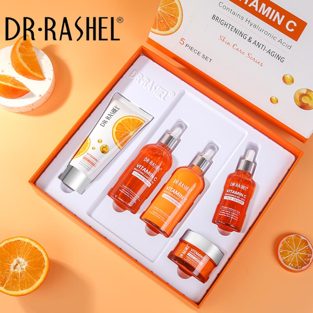 Dr. Rashel Vitamin C Brightening and Anti-Aging Skin Care Series, a set of five skincare products rejuvenate, smooth, and brighten the skin