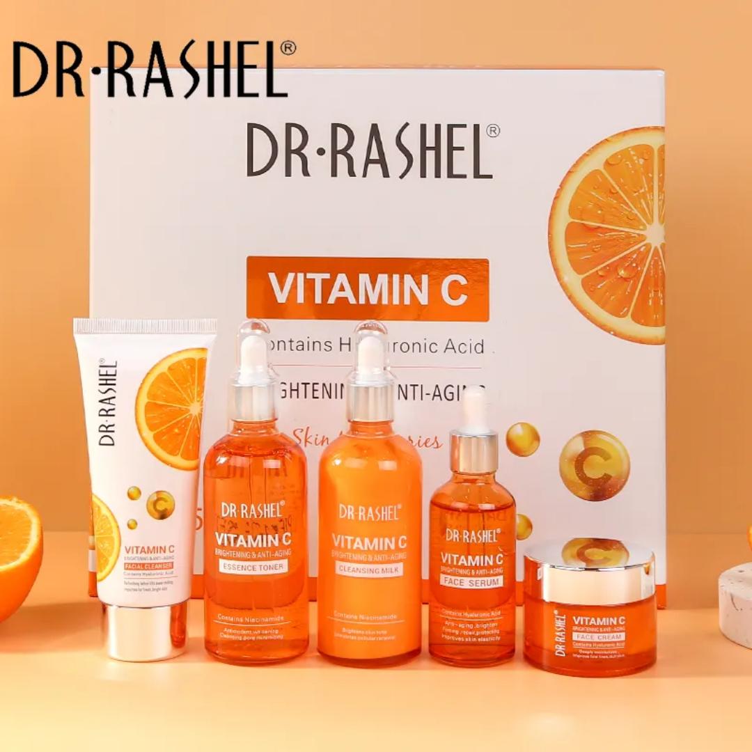 Dr. Rashel Vitamin C Brightening and Anti-Aging Skin Care Series, a set of five skincare products rejuvenate, smooth, and brighten the skin