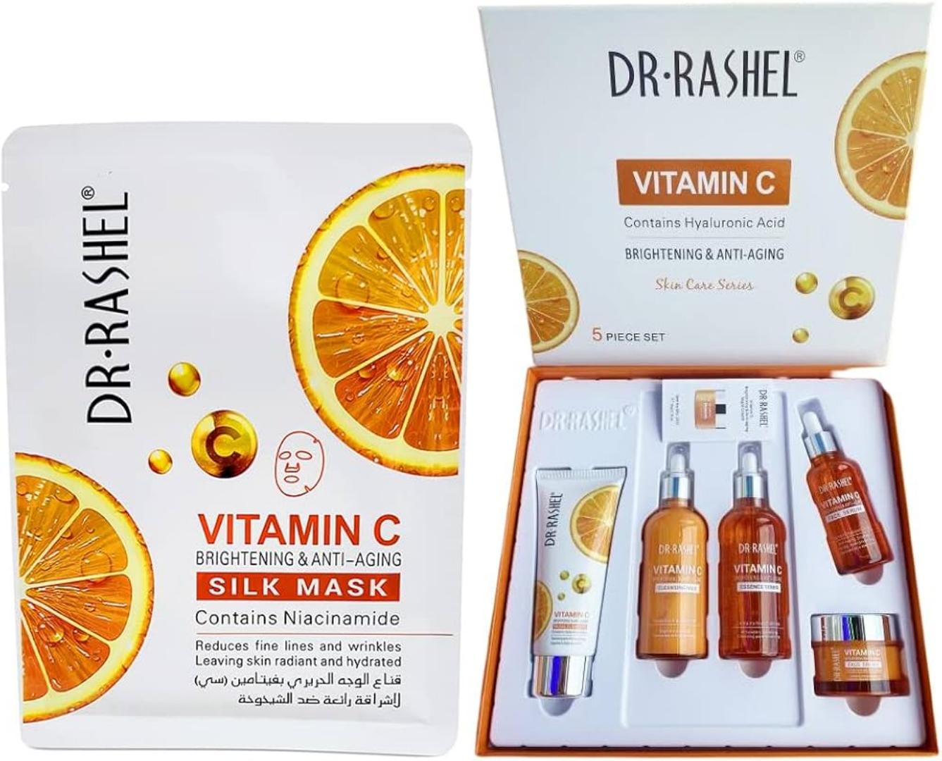 Dr. Rashel Vitamin C Brightening and Anti-Aging Skin Care Series, a set of five skincare products rejuvenate, smooth, and brighten the skin