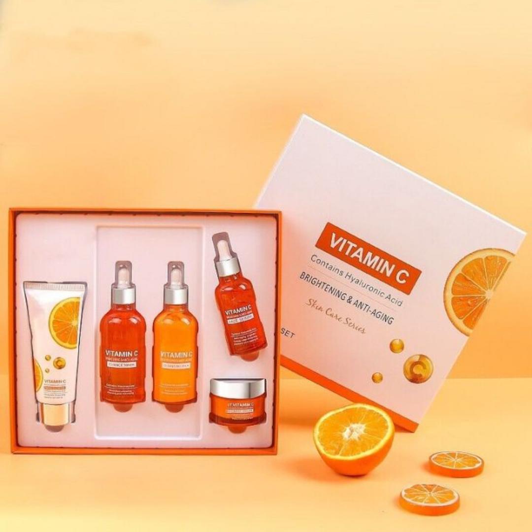 Dr. Rashel Vitamin C Brightening and Anti-Aging Skin Care Series, a set of five skincare products rejuvenate, smooth, and brighten the skin