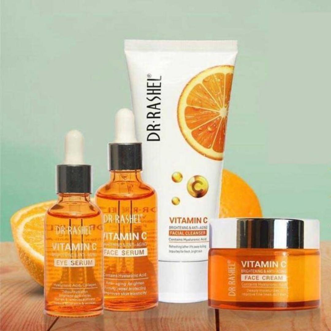 Dr. Rashel Vitamin C Brightening and Anti-Aging Skin Care Series, a set of five skincare products rejuvenate, smooth, and brighten the skin