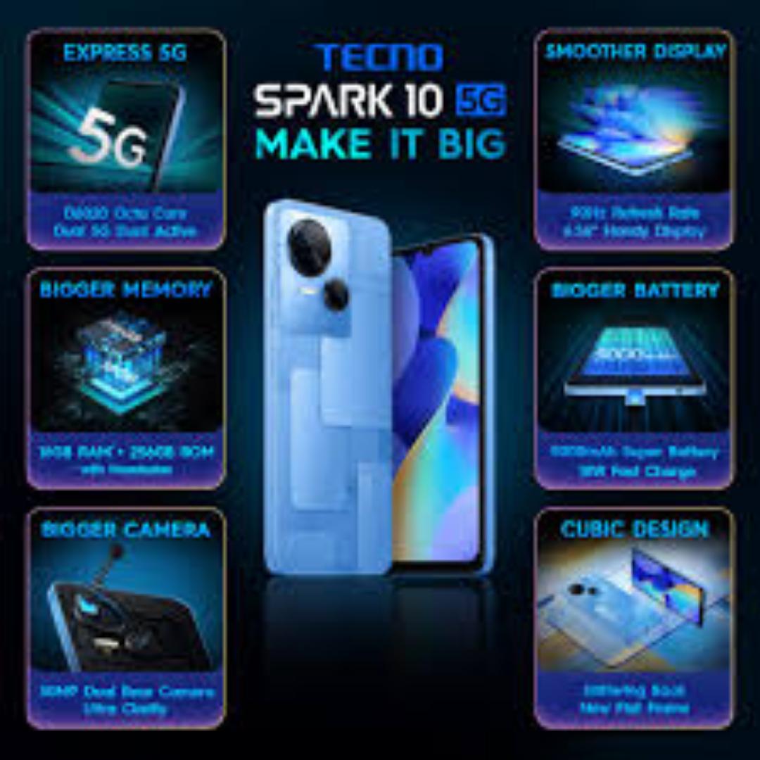 TECNO SPARK 10 5G 256GB + 8GB RAM 50MP Android 13 90Hz 6.6" HD+ Display Dual SIM 5000mAh 18W Fast Charge Side Fingerprint Smart Phones
