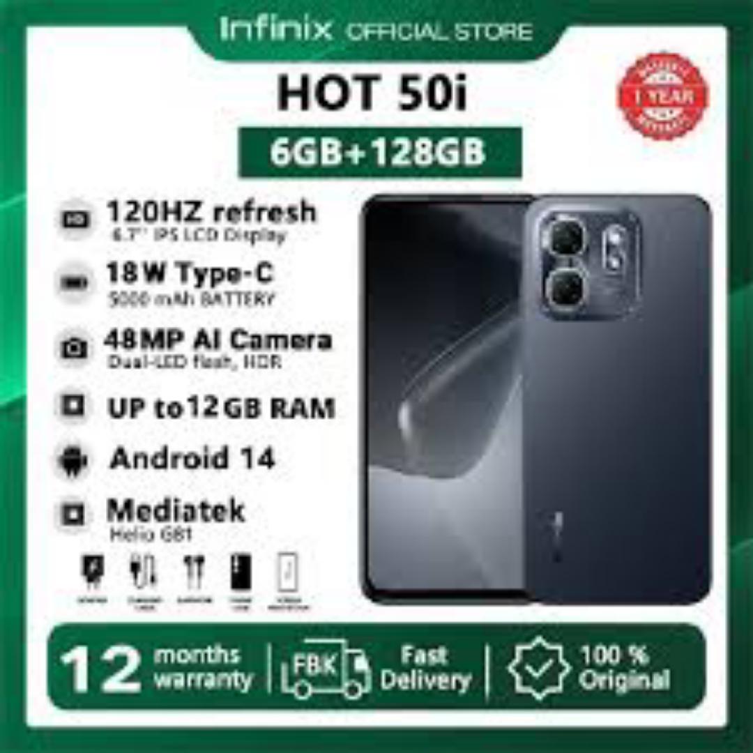 [Tech Week] Infinix Hot 50i 128GB + 12(6+6)GB 6.7" Screen Phone Dual SIM 4G Network 5000mAh Battery with 18W Type-C Charging 48MP Camera Fingerprint Lock Android 14 G81 Smartphones