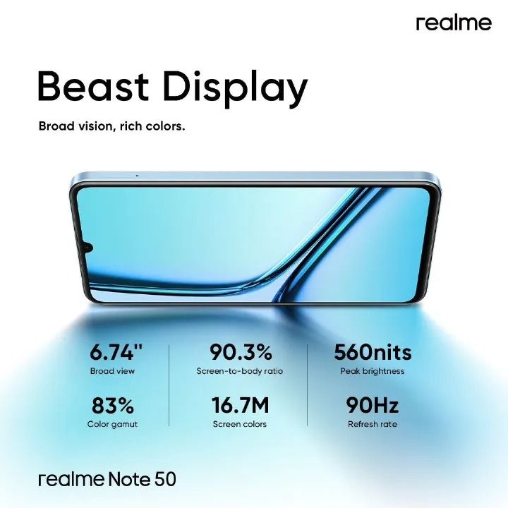 [ BRAND NEW ] Realme Note 50 6.74" 90Hz 128GB ROM + 4GB RAM Android 13  5000 mAh Unisoc Tiger T612 Type-C 3-Card Slot Side Fingerprint SMARTPHONES.