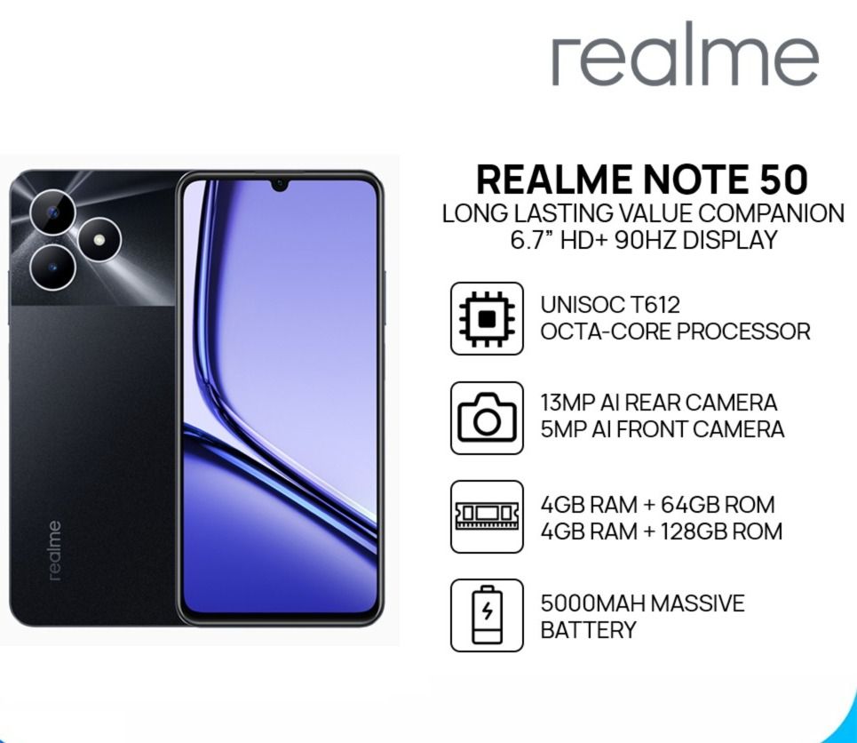 [ BRAND NEW ] Realme Note 50 6.74" 90Hz 128GB ROM + 4GB RAM Android 13  5000 mAh Unisoc Tiger T612 Type-C 3-Card Slot Side Fingerprint SMARTPHONES.