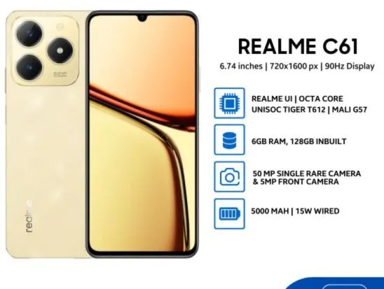 [ BRAND NEW ] Realme C61 128GB+6GB 90Hz 6.74'' 50MP 7.84mm Thickness 5000mAh IP54 Waterproof Android 14 Type-C Dual Sim Face and Fingerprint Unlock phone Smart Phones