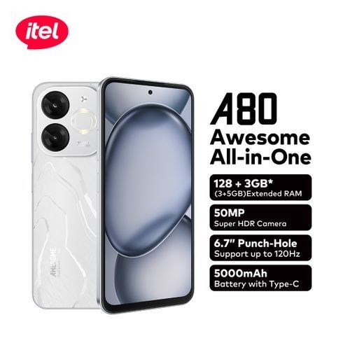 [BRAND NEW] Itel A80 128GB ROM  + 4GB RAM  6.7" 120Hz Screen 4G Network Dual SIM Phone 50MP Camera 5000mAh Battery Fingerprint and Face Unlock Android 14 Fashion Smart Phones