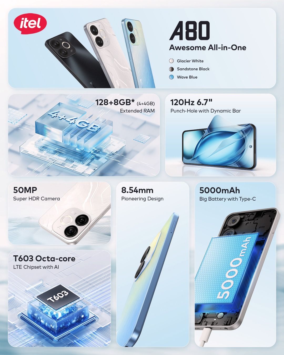 [BRAND NEW] Itel A80 128GB ROM  + 4GB RAM  6.7" 120Hz Screen 4G Network Dual SIM Phone 50MP Camera 5000mAh Battery Fingerprint and Face Unlock Android 14 Fashion Smart Phones
