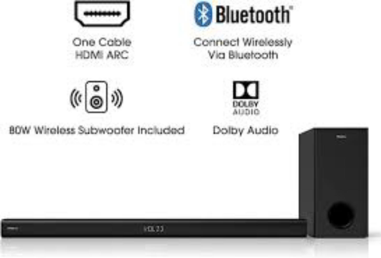 Hisense HS218 2.1ch Sound Bar with Wireless Subwoofer, 200W, Powered by Dolby Audio, Roku TV ready, Bluetooth, HDMI ARC/Optical/AUX/USB, 3 EQ Modes
