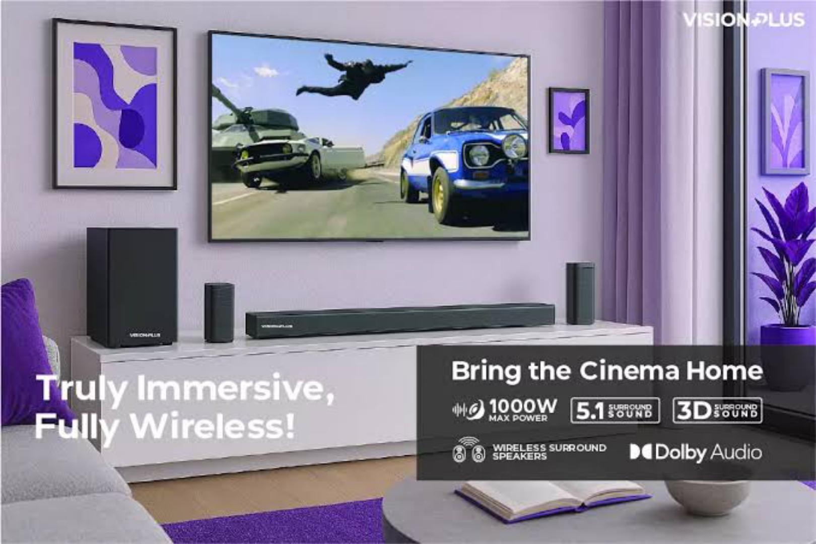 VISION PLUS Sound Bar 5.1ch VP5121SB Wireless Subwoofer with Dolby Digital Plus  3D Surround 160W BT ENABLED WIRELESS 5.1 SURROUND SPEAKERS, 1000W MAX OUTPUT WIRELESS SUBWOOFER, REMOTE CONTROL