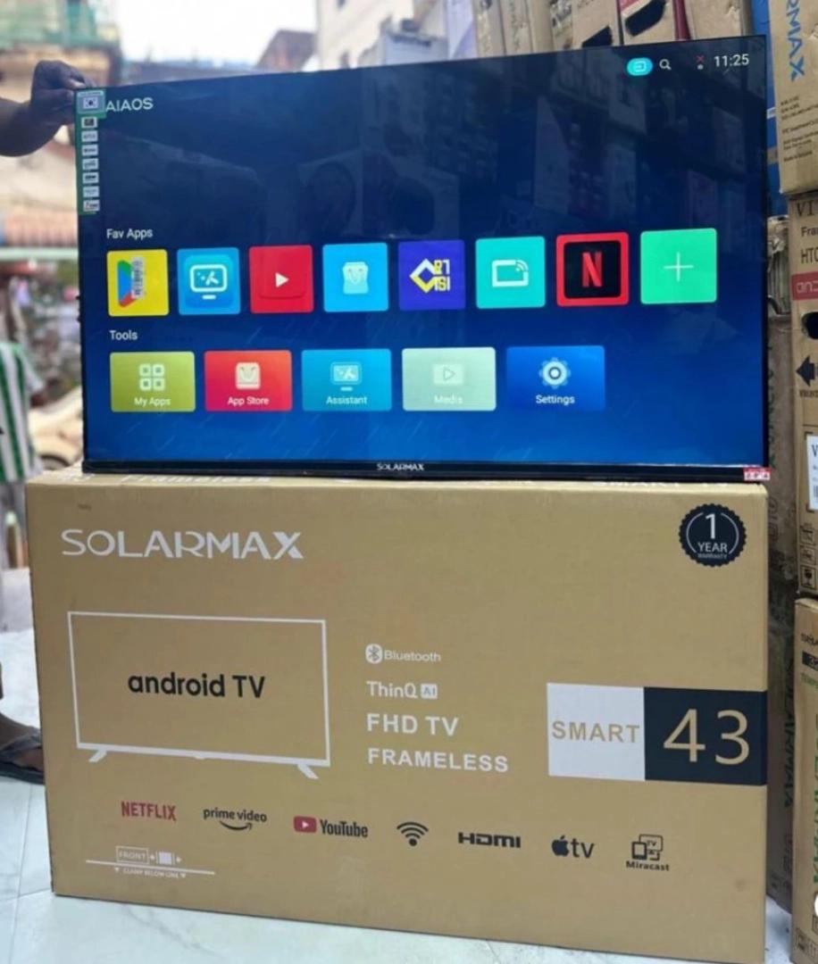 BLUETOOTH SOLARMAX 43" INCH FRAMELESS FULL- HD SMART TV ANDROID TV NETFLIX ,YOUTUBE TELEVISION INBUILT DECODER , BUILT-IN WIFI, APP STORE 1GB-RAM 8GB-ROM 2*USB PORTS,3*HDMI