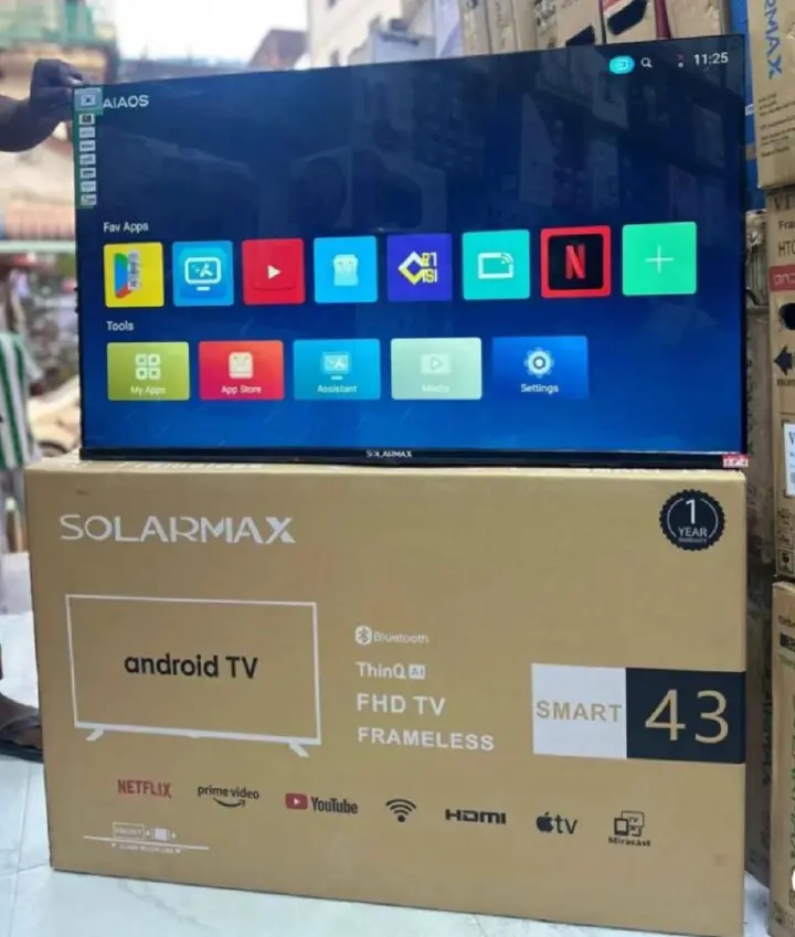 BLUETOOTH SOLARMAX 43" INCH FRAMELESS FULL- HD SMART TV ANDROID TV NETFLIX ,YOUTUBE TELEVISION INBUILT DECODER , BUILT-IN WIFI, APP STORE 1GB-RAM 8GB-ROM 2*USB PORTS,3*HDMI