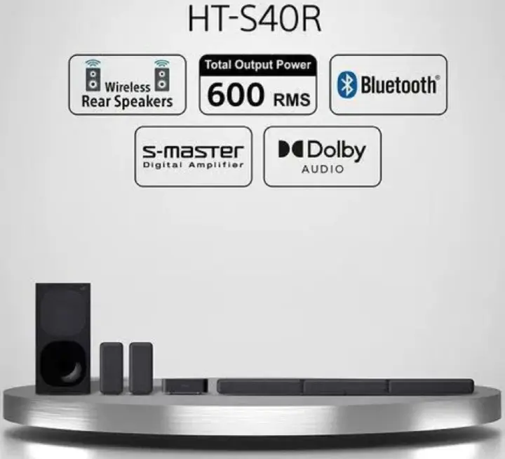 Sony HT-S40R 5.1ch 600W Home Cinema with Wireless Rear Speakers with Dolby® Digital technology and wireless amplifier to power the rear speakers.