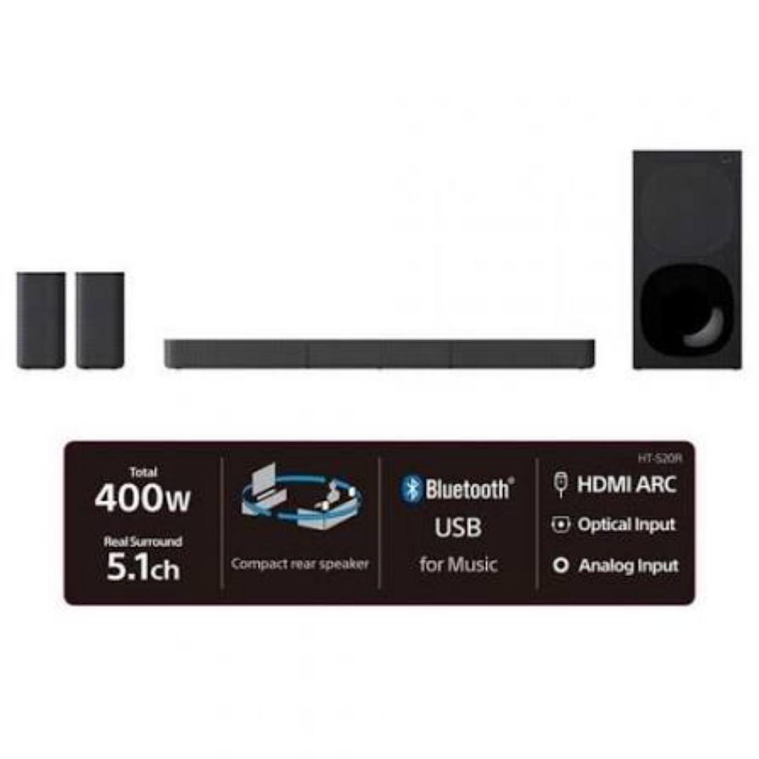 Sony HT-S20R Real 5.1ch Dolby Digital Soundbar for TV with subwoofer and Compact Rear Speakers, 5.1ch Home Theatre System (400W,Bluetooth & USB Connectivity, HDMI & Optical connectivity)