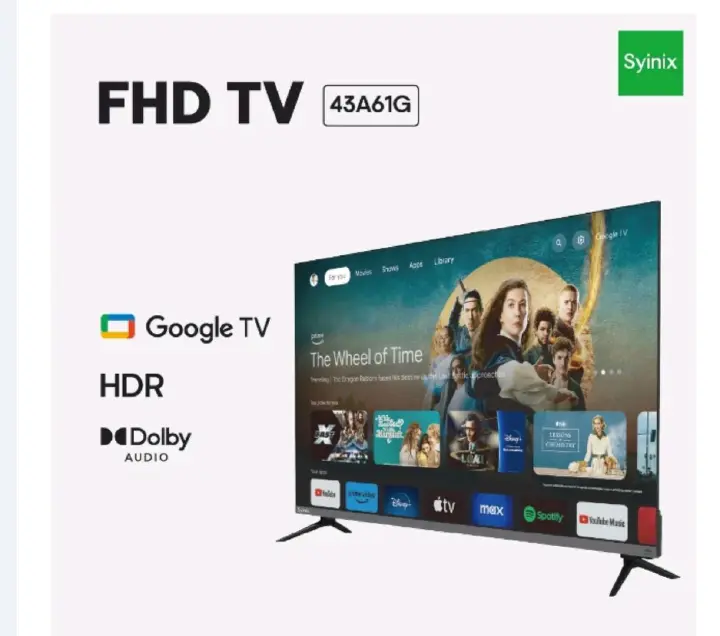 Syinix 43 Inch FHD 2K Smart Google TV Frameless Design A+ Panel, Voice Control, Dolby Audio, Bluetooth 16W Speakers-1 year warranty