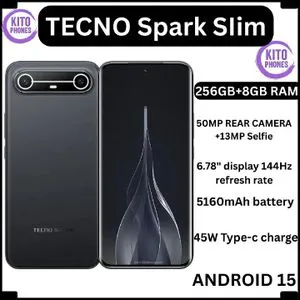 TECNO SPARK SLIM, 8GB RAM 256GB ROM, 5160mAh BATTERY WITH 45W SUPER CHARGING, IP64-RATED SPLASH AND DUST RESISTANCE, 6.78" AMOLED DISPLAY, 50MP MAIN CAMERA 13MP FRONT CAMERA -1 YEAR WARRANTY