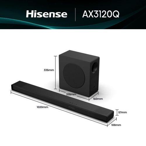HISENSE AX3120Q 3.1.2 CH  DOLBY ATMOS SOUNBAR WITH  WIRELESS SUBWOOFER ,HIGH -PERFORMANCE AUDIO SYSTEM THAT DELIVERS UPTO  440W OF TOTAL OUTPUT POWER -1 YEAR WARRANTY