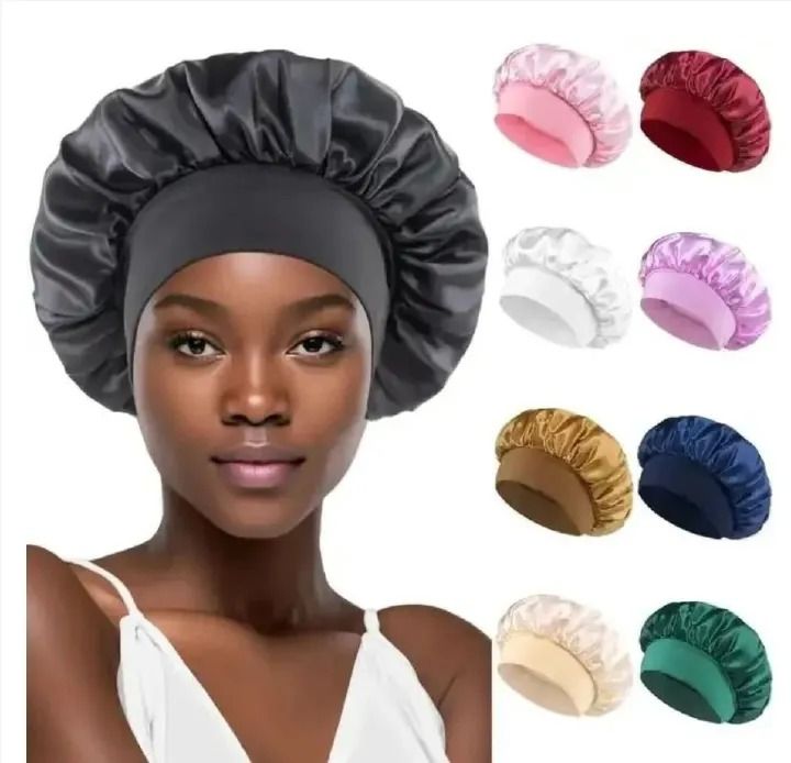 Satin Headscarf Hat Sleeping Bonnet Curly Hair Wrap Silk Cap Fashion Wide Soft Elastic Springy Band Head Scarf Headwear Pure Color Night Sleep Hat Nightcap Head Cover