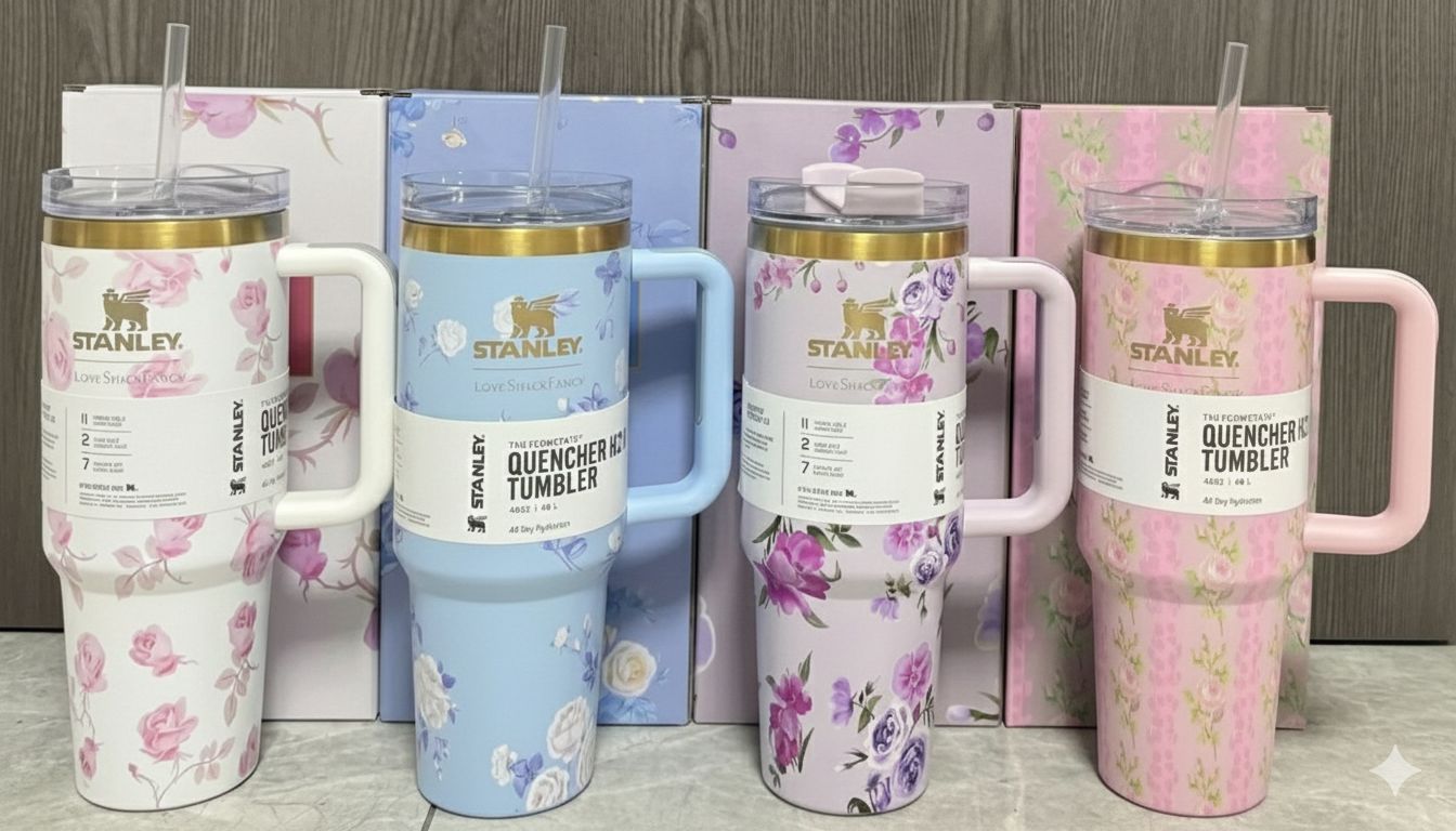 Stanley Cups flora colors Quencher: 40oz Insulated Tumbler Cup - Travel Coffee Cup - Stainless Steel Cups with Straw