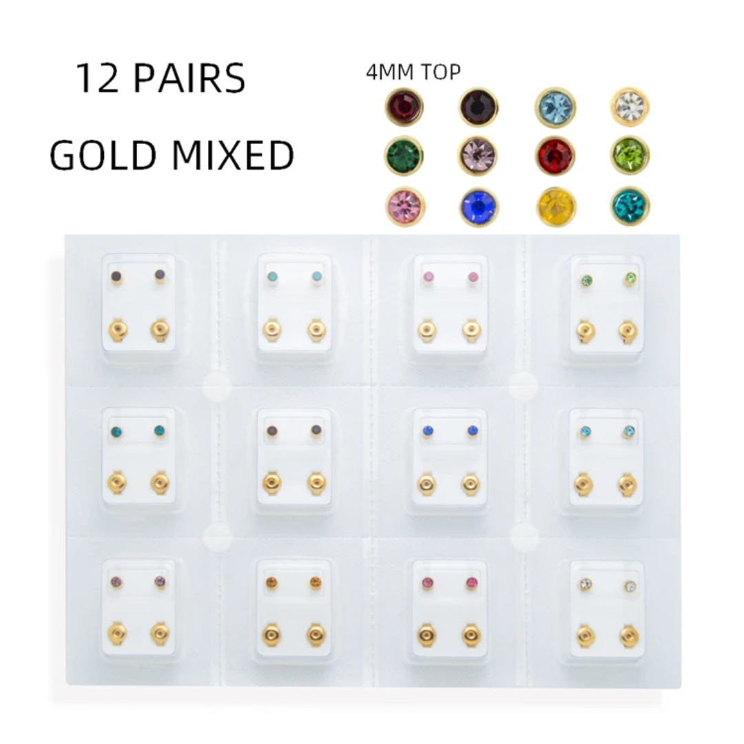 Caflon ORIGINAL12 Pairs Stud Earrings Set for Women – Gold-Plated(assorted colors) Crystal Earrings, Hypoallergenic Starter Ear Piercing Studs