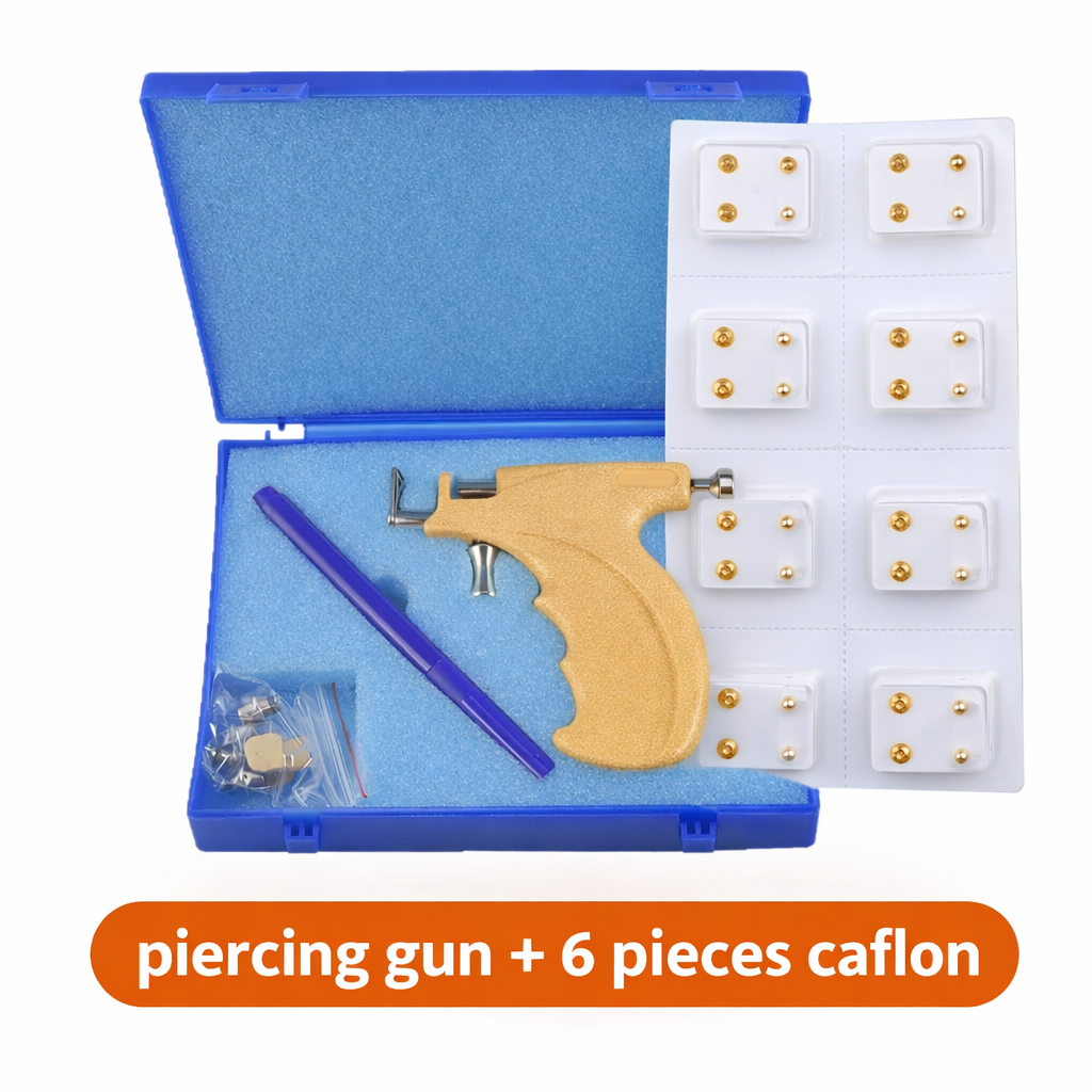 Professional Ear Piercing Gun Kit + 6 Pieces Caflon Stud Earrings | Safe & Easy Ear Piercing Tool(caflon gold plain)