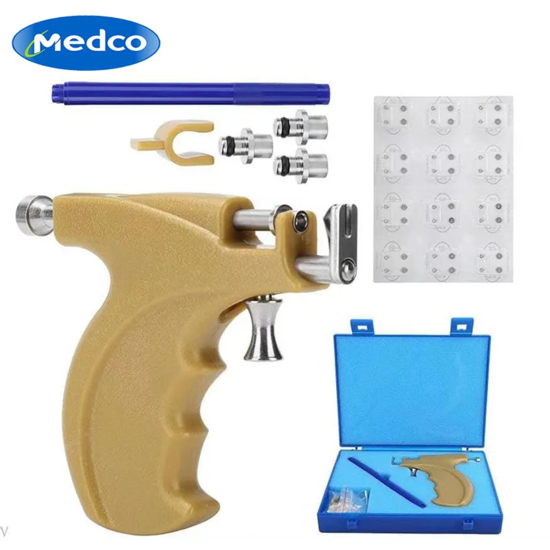 Professional Ear Piercing Gun Kit + 6 Pieces Caflon Stud Earrings | Safe & Easy Ear Piercing Tool(caflon gold plain)
