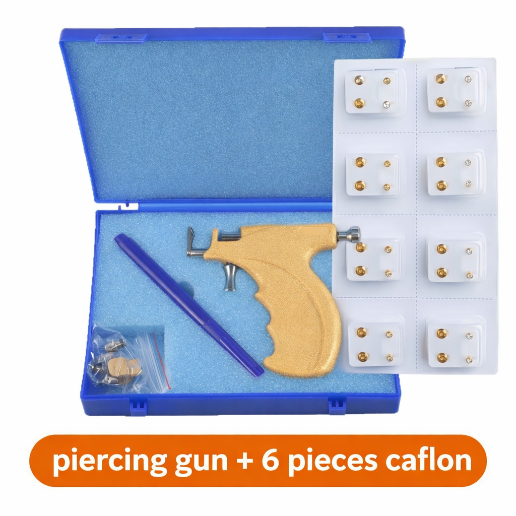 Professional Ear Piercing Gun Kit + 6 Pieces Caflon Stud Earrings | Safe & Easy Ear Piercing Tool(caflon gold shiny)