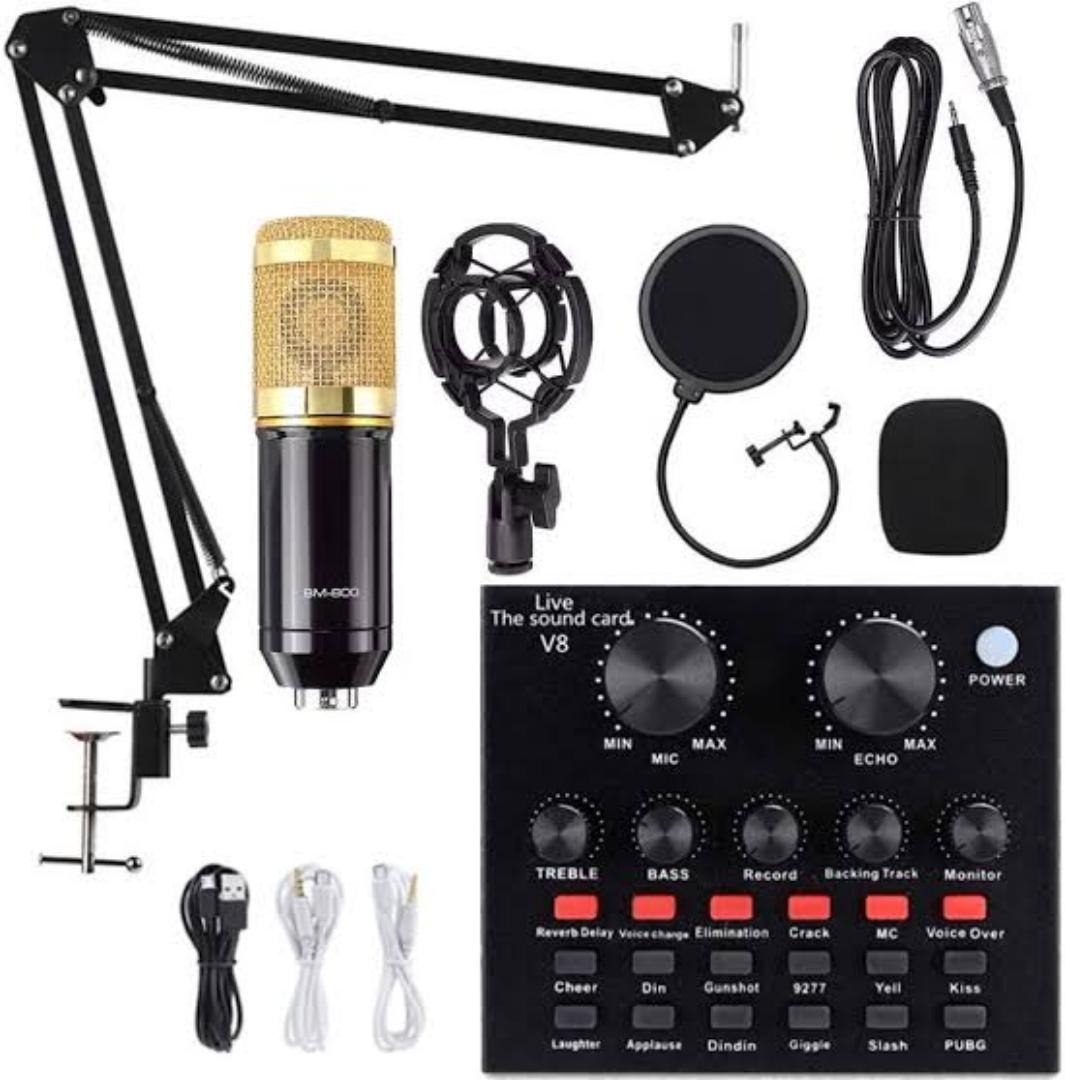 BM 800 Condenser microphone with full podcasts kit: V8 sound card, pop filter, shock mount, stand