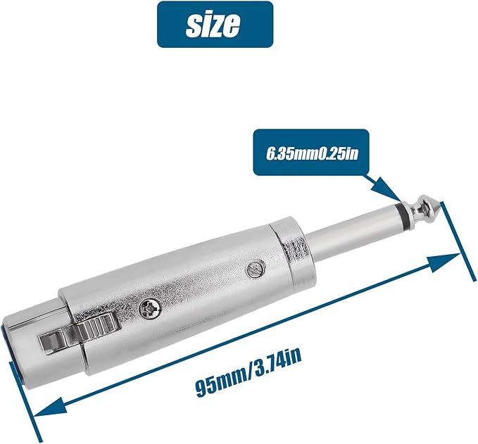 3-Pin XLR to 1/4 Adapters, 3 Pins XLR Female to 6.35mm Male Mono Plug Socket Conversion Connector for Microphone Audio Silver