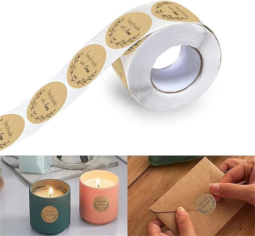 500pcs Handmade with Love Stickers Vintage Kraft Paper Stickers Stationery Label Baking Kraft Paper Stickers Scrapbook Gift