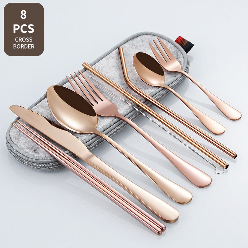 10Pcs Set Dinnerware Portable Printed 304 Stainless Steel Spoon Fork Steak Knife Set Travel Cutlery Tableware with Bag