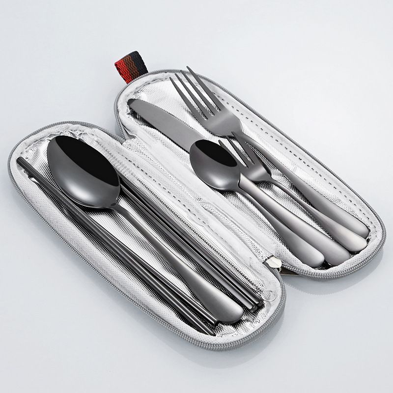 10Pcs Set Dinnerware Portable Printed 304 Stainless Steel Spoon Fork Steak Knife Set Travel Cutlery Tableware with Bag