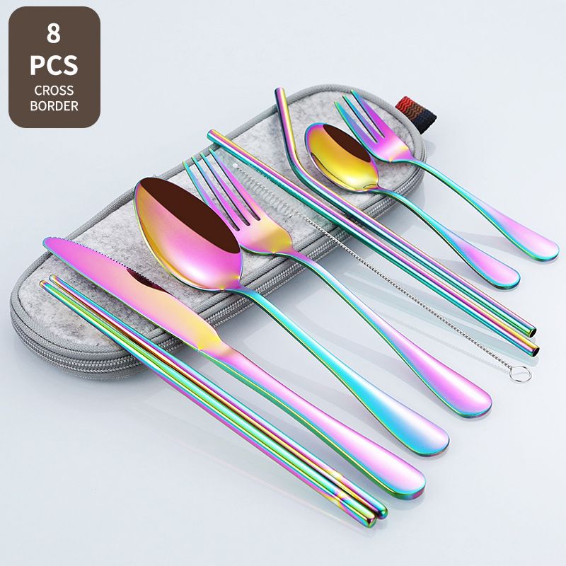 10Pcs Set Dinnerware Portable Printed 304 Stainless Steel Spoon Fork Steak Knife Set Travel Cutlery Tableware with Bag