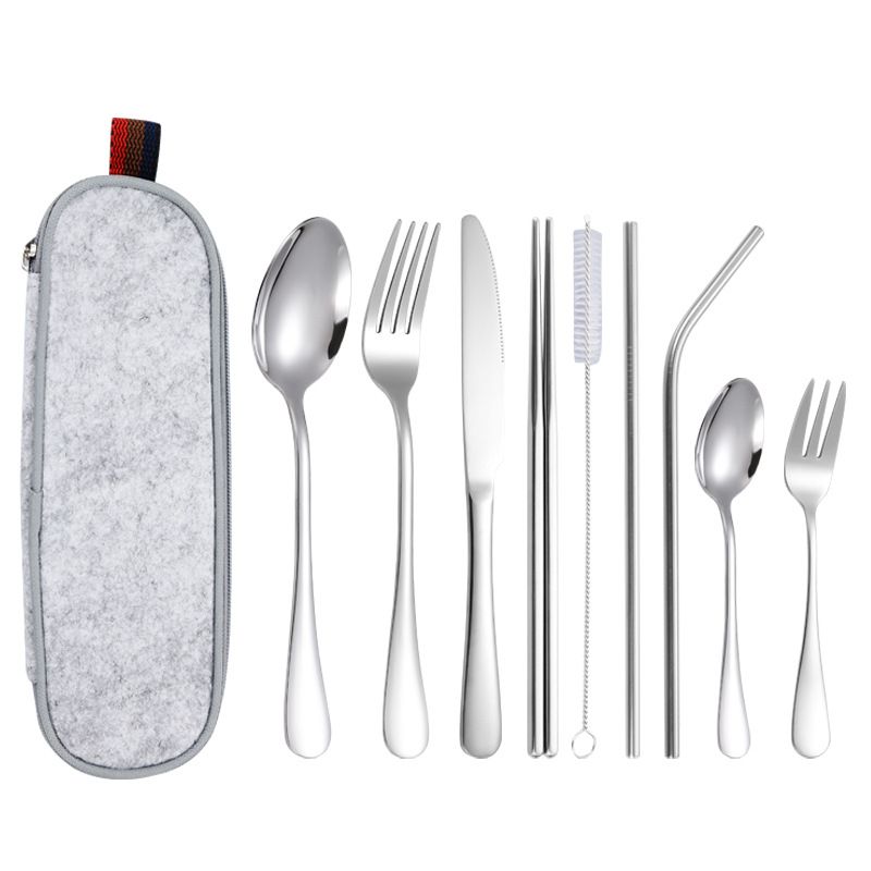 10Pcs Set Dinnerware Portable Printed 304 Stainless Steel Spoon Fork Steak Knife Set Travel Cutlery Tableware with Bag