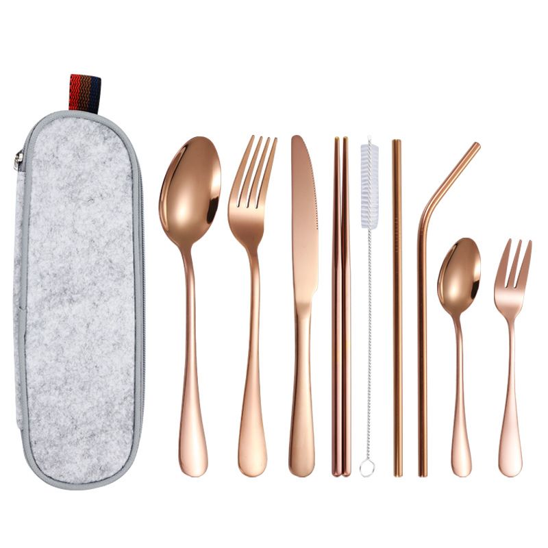 10Pcs Set Dinnerware Portable Printed 304 Stainless Steel Spoon Fork Steak Knife Set Travel Cutlery Tableware with Bag