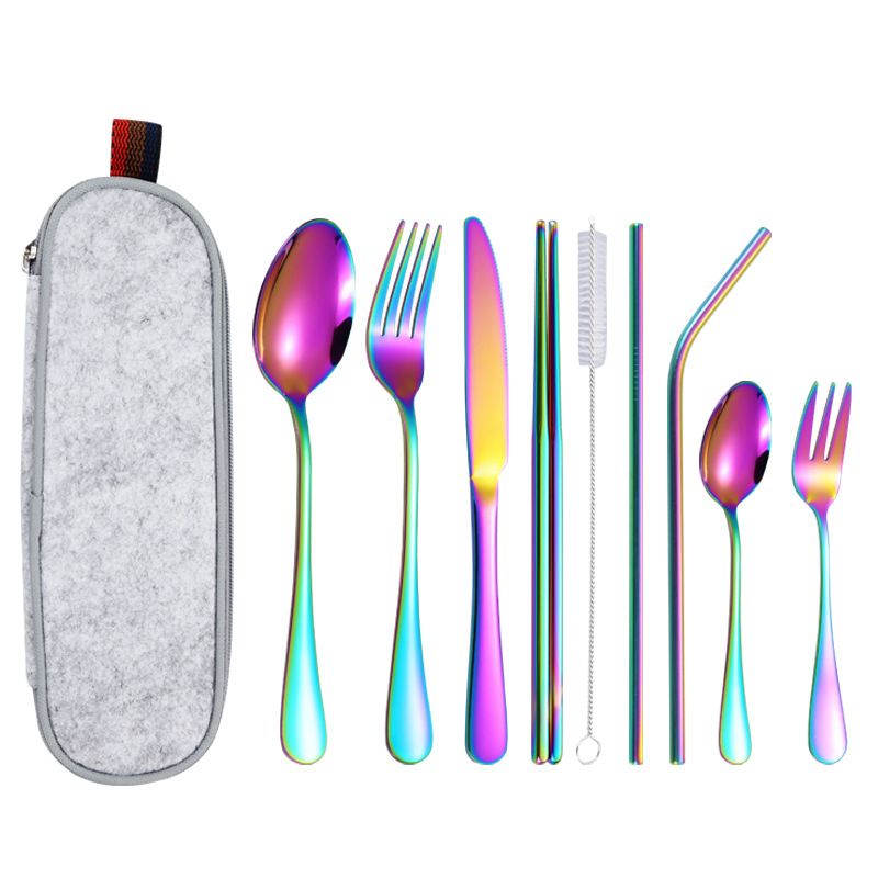 10Pcs Set Dinnerware Portable Printed 304 Stainless Steel Spoon Fork Steak Knife Set Travel Cutlery Tableware with Bag