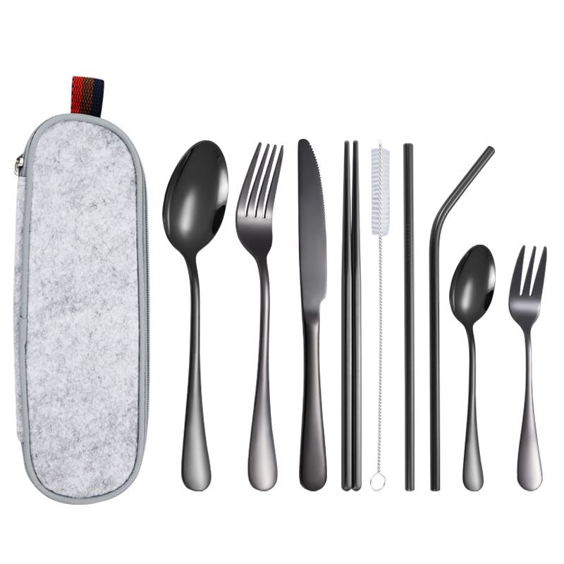10Pcs Set Dinnerware Portable Printed 304 Stainless Steel Spoon Fork Steak Knife Set Travel Cutlery Tableware with Bag