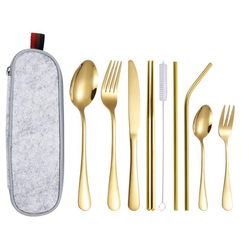 10Pcs Set Dinnerware Portable Printed 304 Stainless Steel Spoon Fork Steak Knife Set Travel Cutlery Tableware with Bag