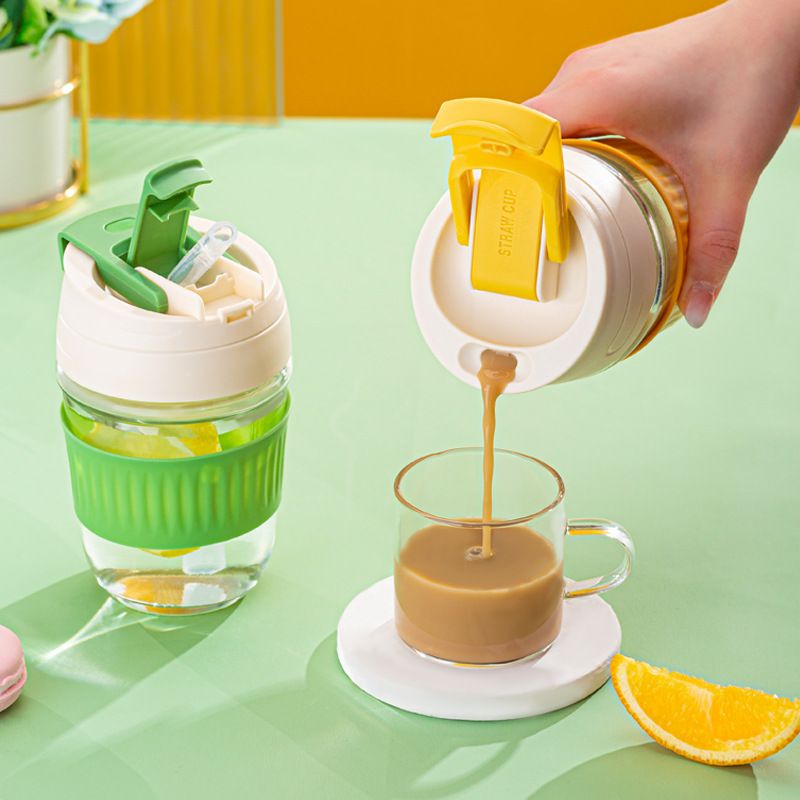 glass coffee mug with straw portable glass coffee cup with silicone sleeve