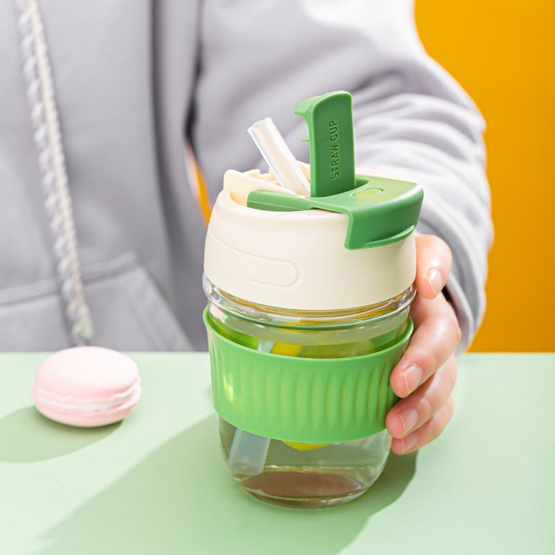 glass coffee mug with straw portable glass coffee cup with silicone sleeve