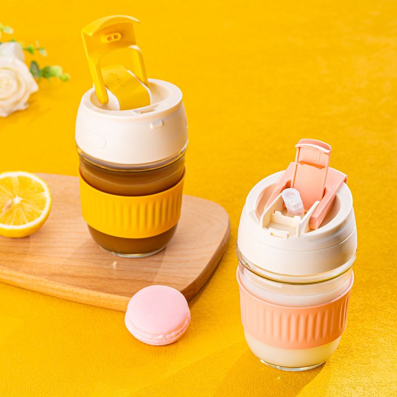 glass coffee mug with straw portable glass coffee cup with silicone sleeve